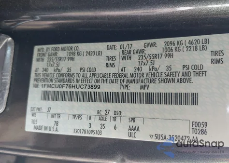 2017 Ford Escape S z USA, uszkodzony, nr VIN 1FMCU0F76HUC73899